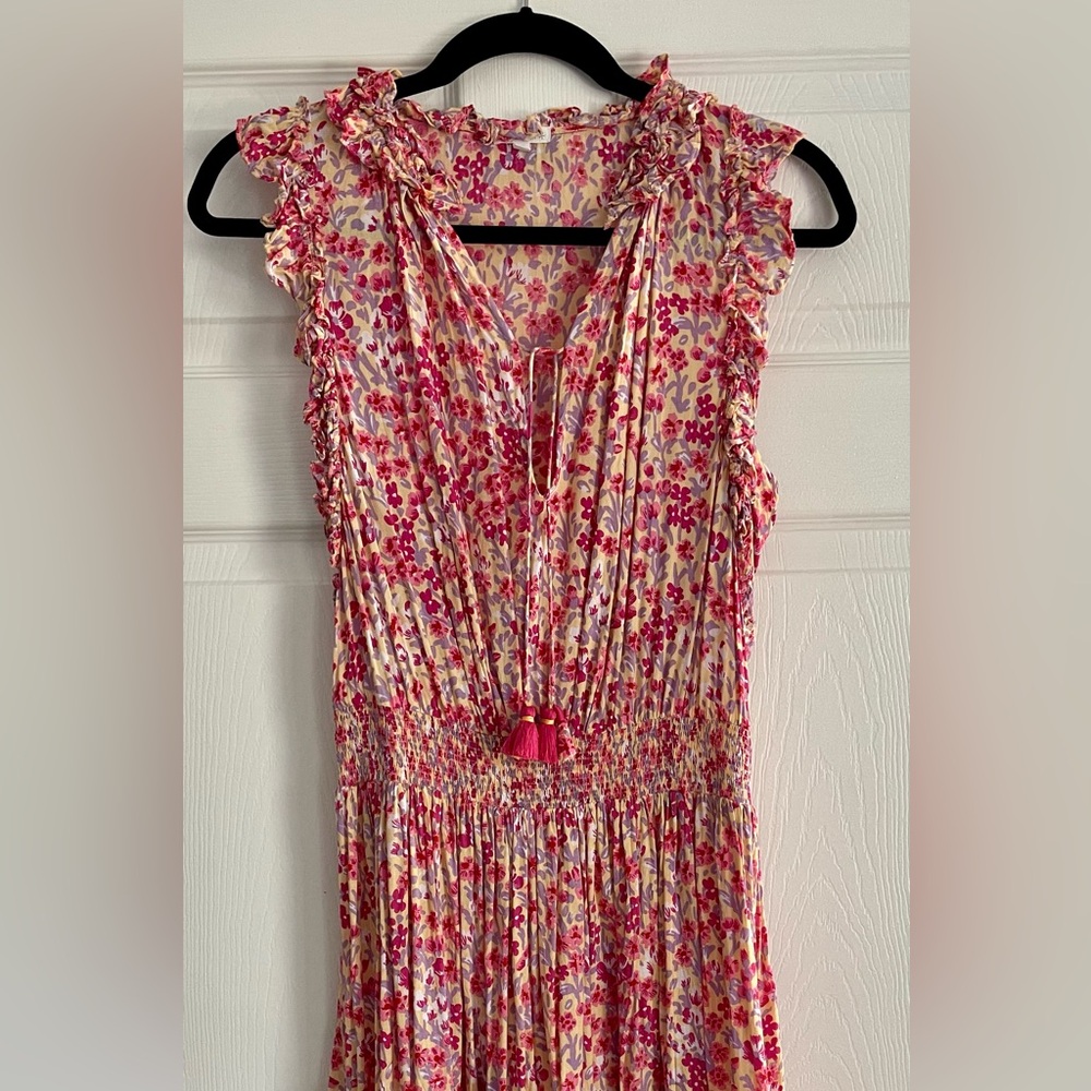 Poupette St Barth Floral Print Sleeveless Dress with Ruffle Details